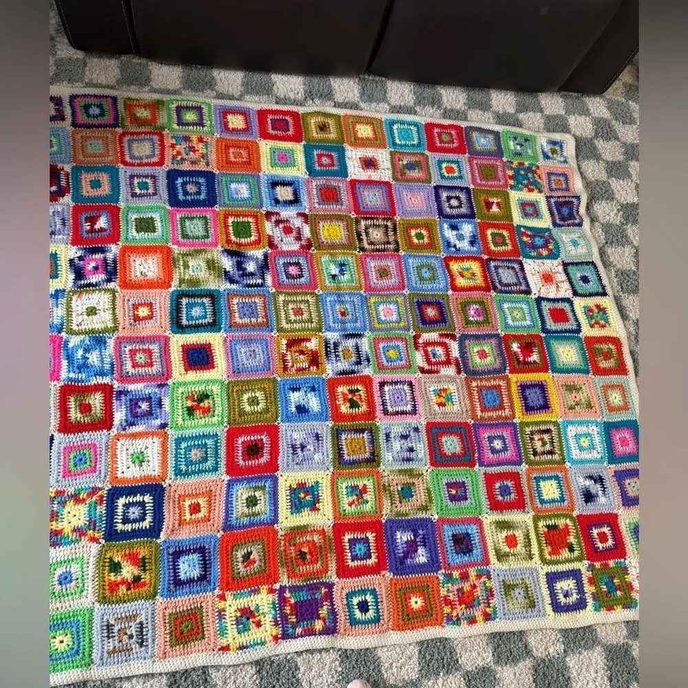 VTG Granny Square Blanket Afghan Crochet Hand Made Patchwork Multi Color Amish